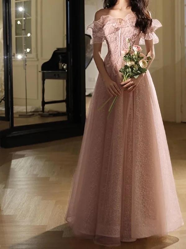 Pink Off Shoulder Prom Dress, Tulle Prom Dress, Lace Prom Dress, Cocktail Party Dress, Evening Party Dress, Party Gown, Long Ball Gown Tunics Recommended stylist