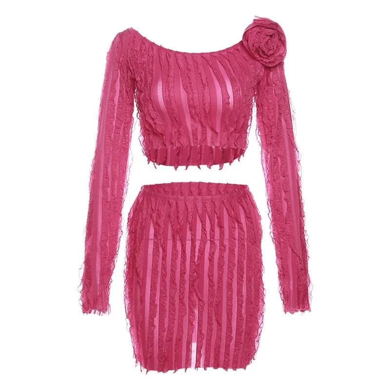 BerryBetty - Long sleeve flower applique textured ruffle solid mini skirt set tulle skirt dreamy
