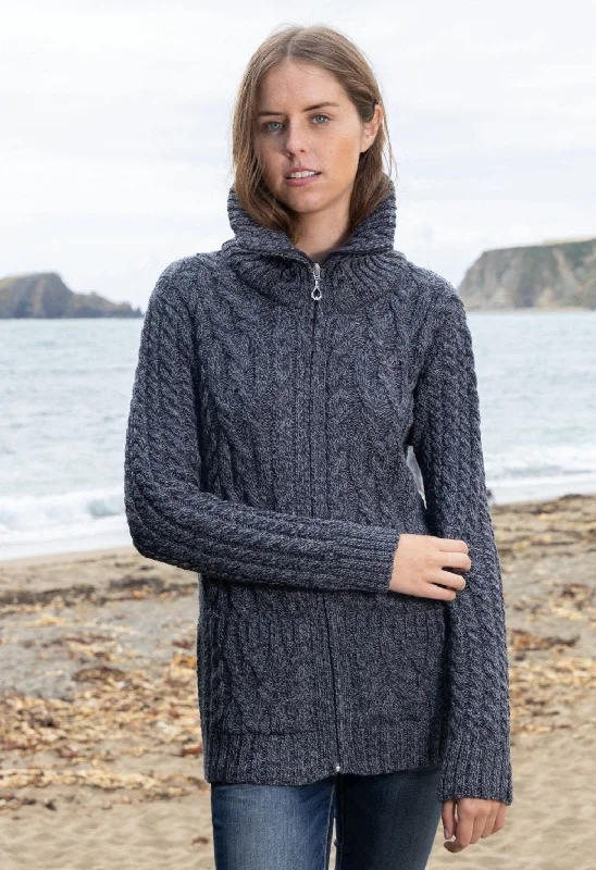Aran Claddagh Zip Cardigan | Slate Crew Neck V-Neck Turtle Neck