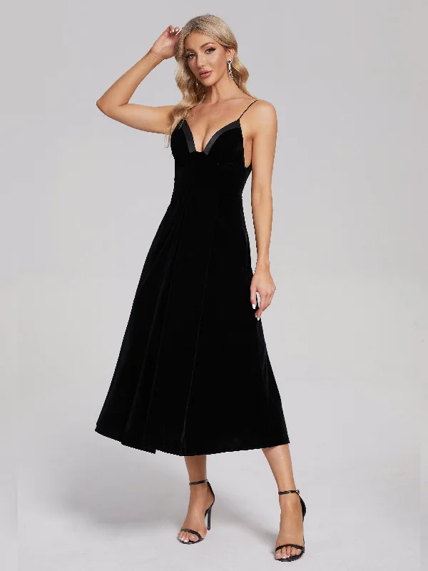 Black Tea Length Velvet Party Dresses Halter Neckline Beach