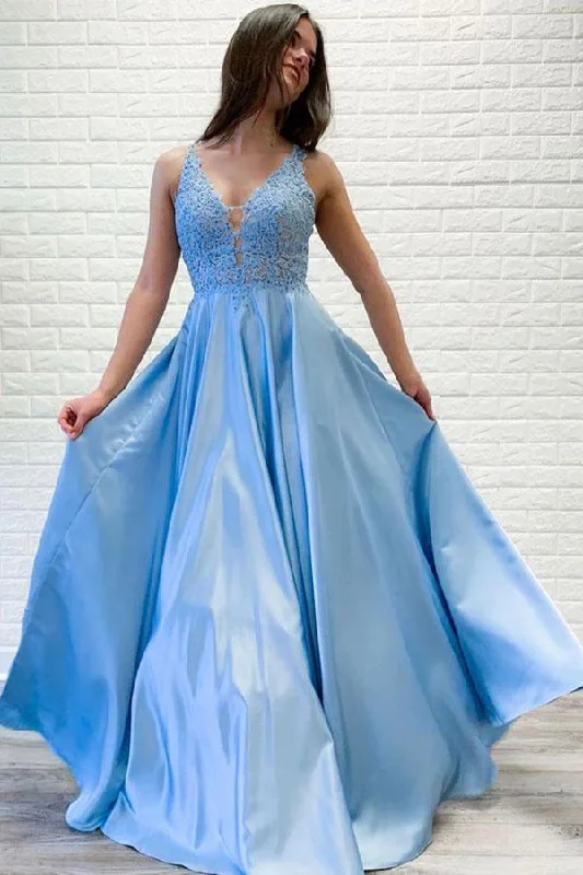 A-line V neck Lace Long Prom Dresses Blue Evening Party Dresses PSK066 sweetheart Neckline Romantic