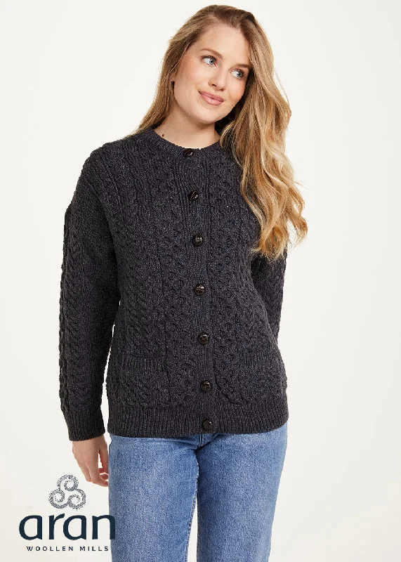 Achill Island Ladies Aran Cardigan | Charcoal Seamless Knitted Crochet