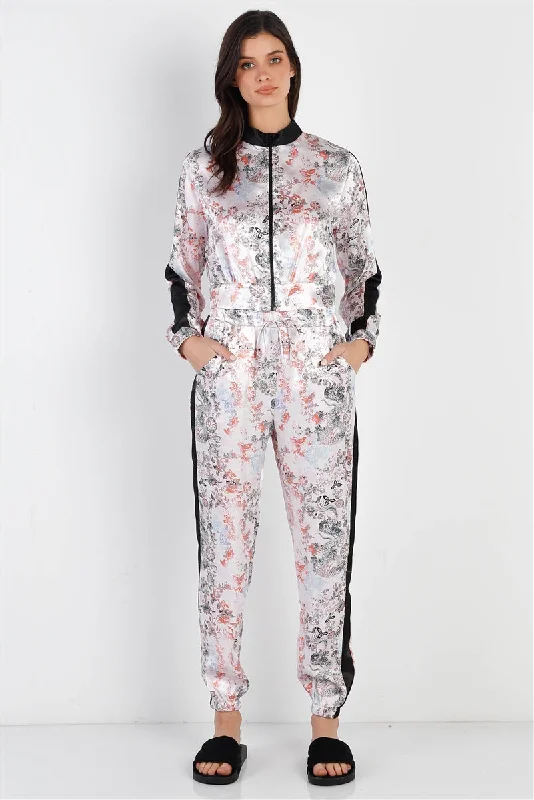Black Contrast Satin Effect Multi Color Print Zip-up Jacket & Pants Outfit Set Fitted Jacket Loose Jacket Oversized Jacket