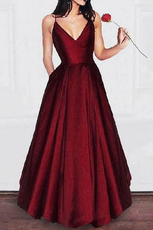 A-line V-neck Spaghetti Strap Burgundy Prom Dress Party Dress PG679 Crew Neckline Sporty
