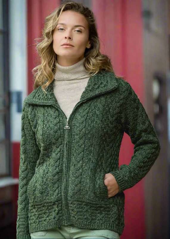 Aran Crafts Double Collar Trinity Cardigan | Green Sequined Glittery Shiny