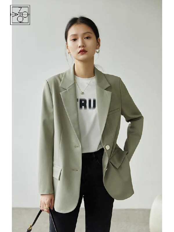 ZIQIAO Japanese Suit Collar Full Regular Sleeve Casual Straight Blazers Office Lady Shoulder Pads Design Single Breasted Jacket Front Pockets Side Pockets Patch Pockets
