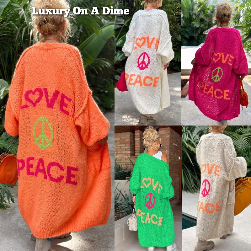 LOVE PEACE Oversized Knit Exposed Seam Longline Patch Pocket Duster Long Cardigan Chenille Brocade Lace