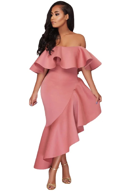 Sexy Pink Asymmetric Ruffle Off Shoulder Party Dress Tunics Business professional