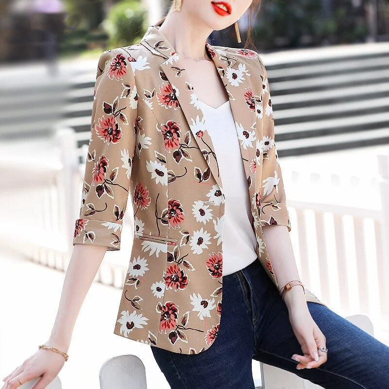 PEONFLY Autumn Korean Version Of The Retro Printing Small Seven-point Jacket Female Office Lady Casual Loose Blazer Zippered Jacket Buttoned Jacket Snapped Jacket