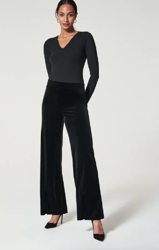 Spanx Velvet Front Slit Pant Very Black Stylish Elastic Waist Pants