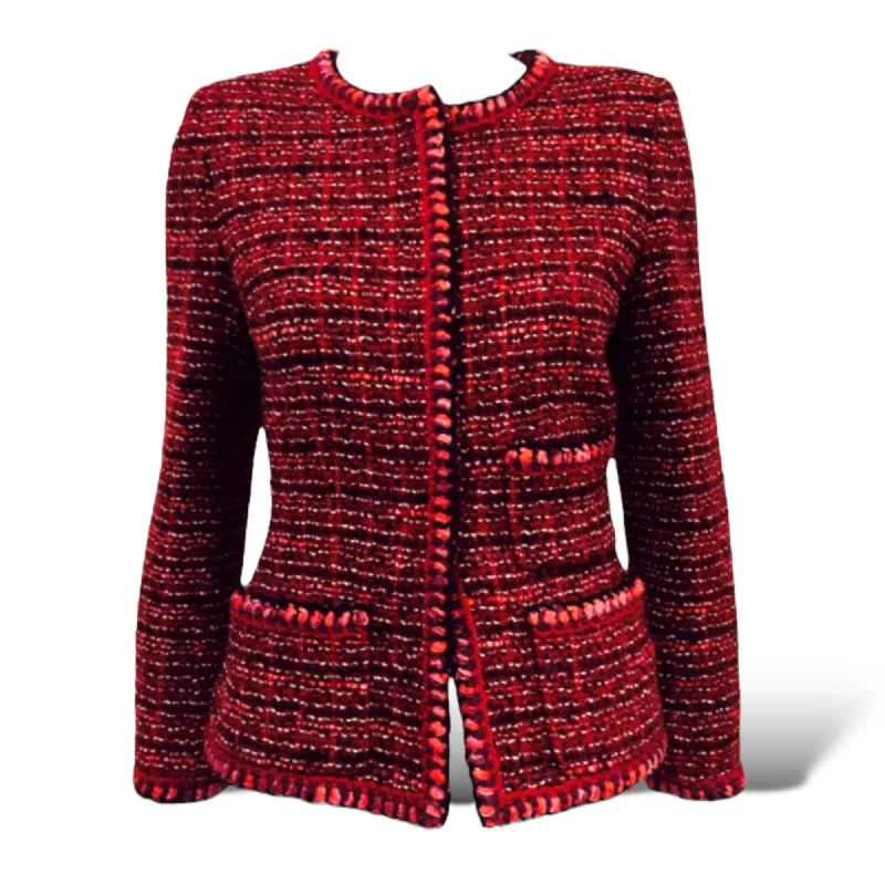 CHANEL Vintage FALL 2001 Collection Burgundy Tweed Patterned Jacket Boat Neck Shawl Collar Notched Collar