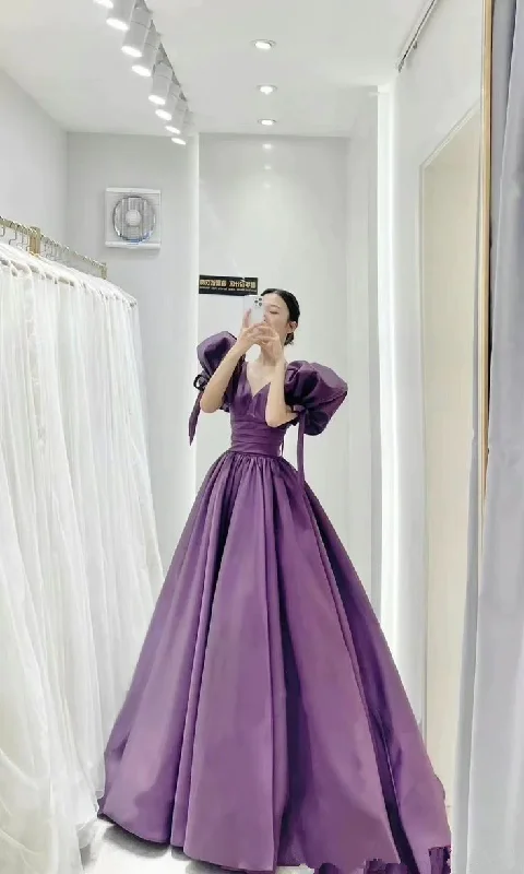 Satin Purple Puffy Sleeves Corset Prom Dress Pageant Party Dress Gala Sweet 16 Quinceanera Gown Tunics stripes playful