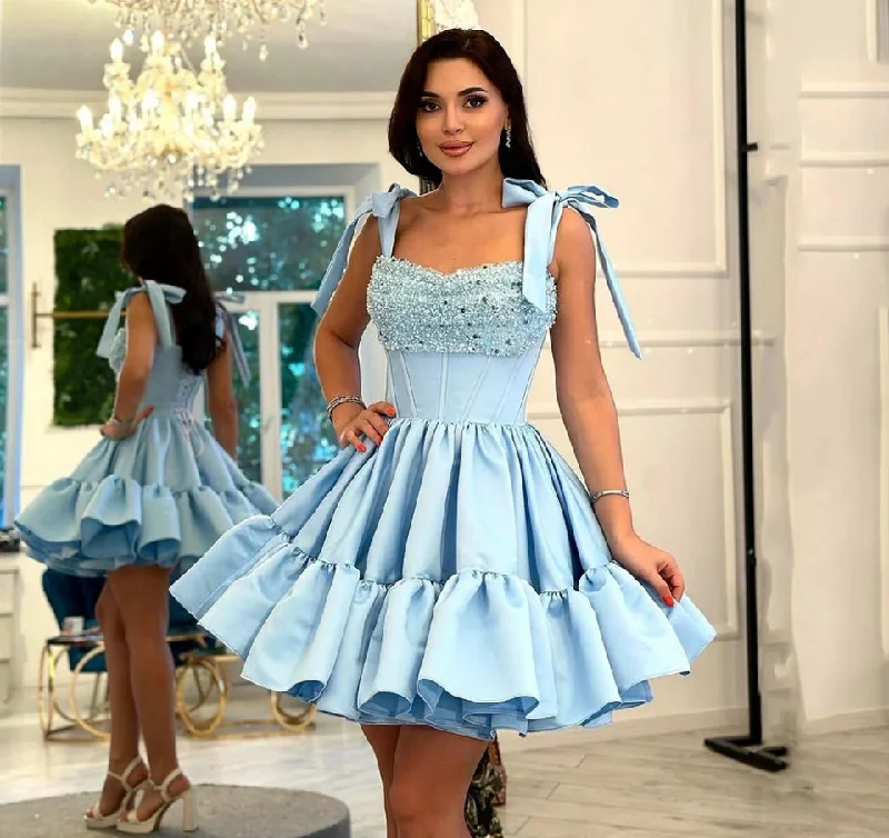 Elegant Short Party Dresses Sweetheart Spaghetti Straps Corset Back Prom Dress Glitter Pleated Ball Gown Vestidos De Gala Tunics Cozy comfortable