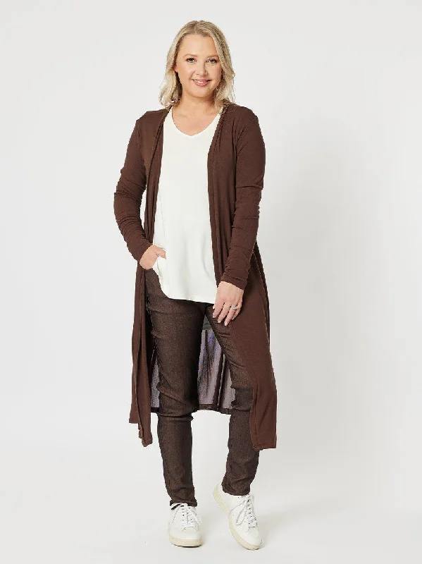 Juli Longline Cardigan - Chocolate Denim Fabric Leather Fabric Suede Fabric