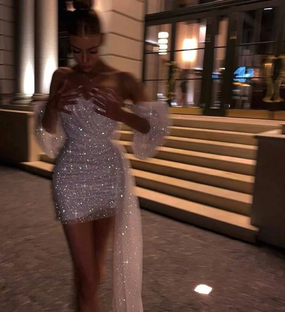 Sweetheart Sparkly Night Party Dress With Pufft Sleeves Short Homecoming Dress c3064 Tunics Winter warm
