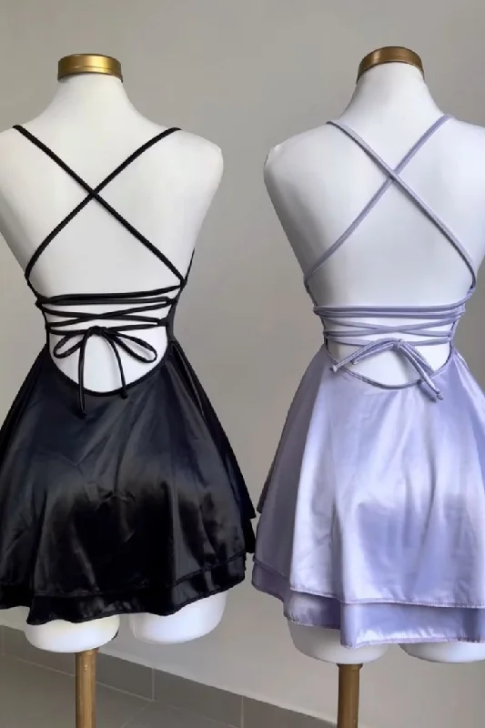Black A-Line Satin Short Party Dress Simple Homecoming Dress, DP2969 Tunics Fashionable trendy