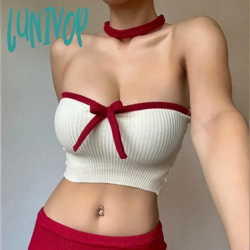 Lunivop Y2K Patchwork Color Bow Stitching Tank Top Sexy Strapless Off Off Shoulder Backless Crop Tops Hot Sweet Slim Camis lime green tank