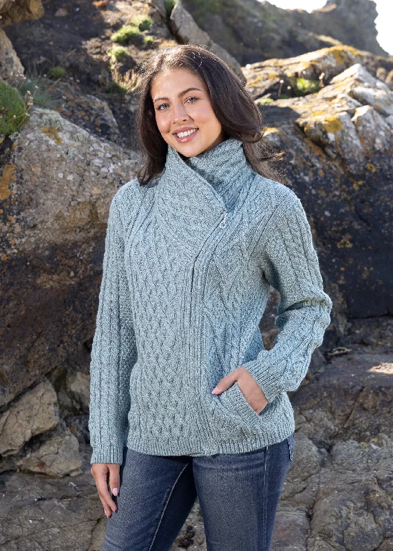 Aran Bikers Claddagh Side Zip Cardigan | Aqua Herringbone Houndstooth Plaid
