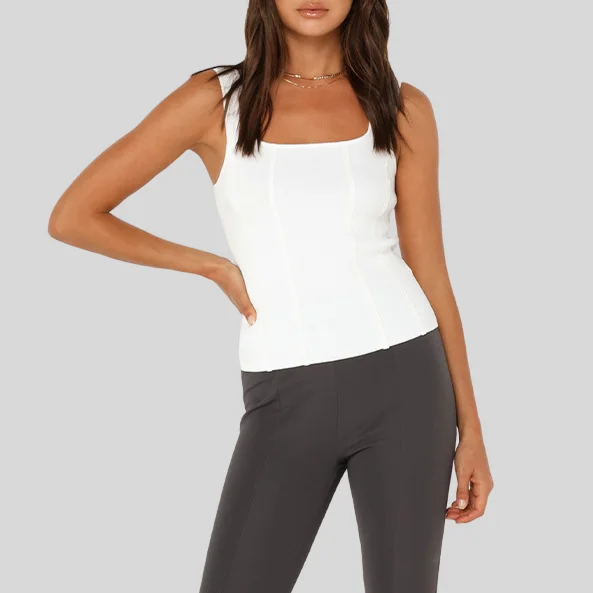 Stretch Knit Square Neck Tank Top - White sage tank top