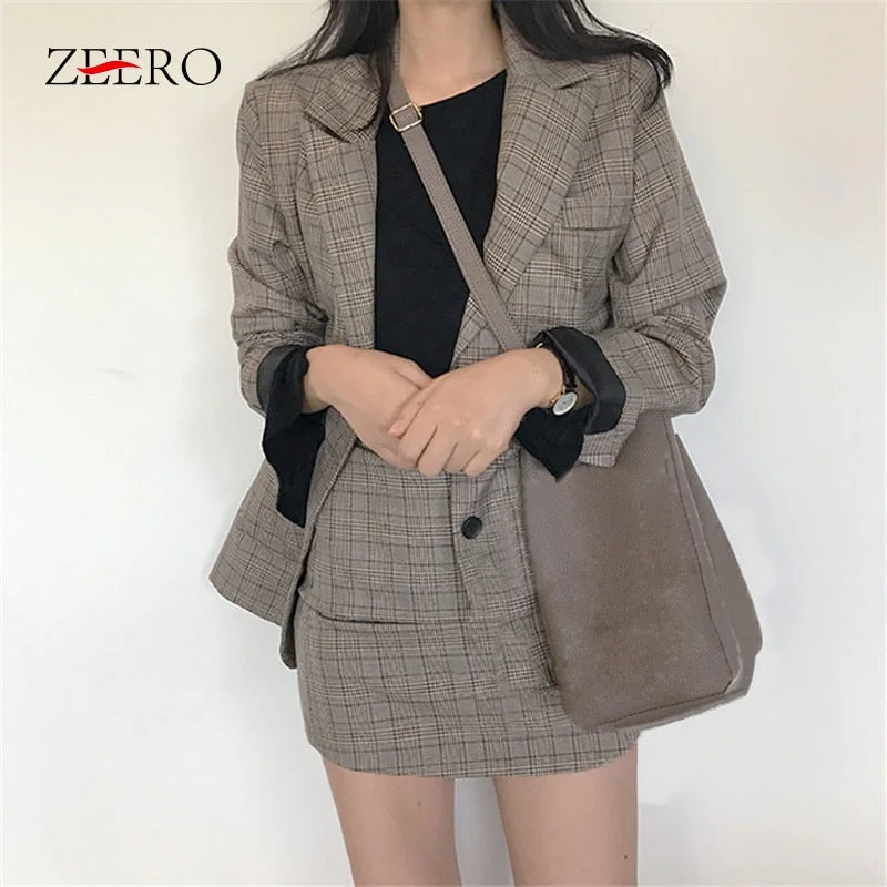 Autumn Winter Casual 2 Piece Set Woman Vintage Plaid Single-breasted Long Sleeve Lapel Blazer Jacket + High Waist Skirt Suit Satin Jacket Silk Jacket Chiffon Jacket
