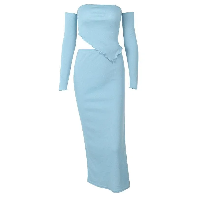 BerryBetty - Solid ribbed off shoulder ruffle slit irregular midi skirt set velvet skirt plush