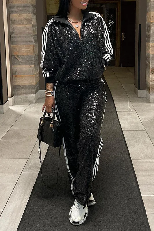Sequin Panel Striped Jacket & Pants Set Satin Jacket Silk Jacket Chiffon Jacket