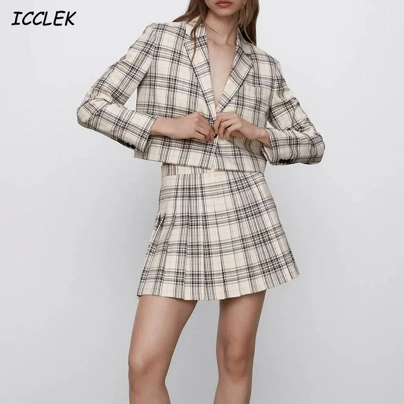 Za Women's Two Piece Blazers Suits Plaid Cropped Jacket Set Female Vintage Coat Sweet Korean Outfit Girls Chic Spring Casual trf Toggled Jacket Drawstring Jacket Belted Jacket