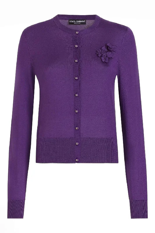 Flower Applique Cardigan Toggled Drawstring Belted