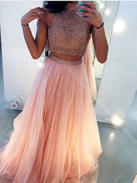 Custom Made 2 Pieces Pink Long Prom Dresses, Formal Party Dresses Tunics Mesh breathable