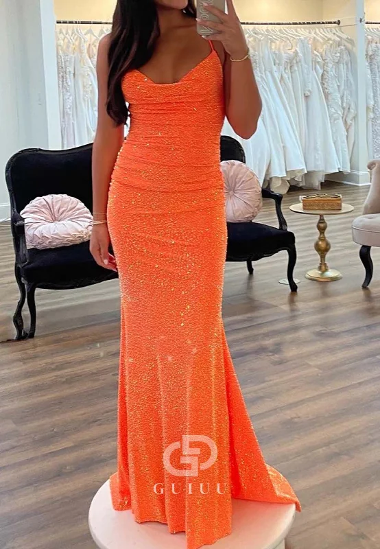 Papaya Sheath Spaghetti Straps Prom Dress with Sequins Party Dress Tunics Sale discount