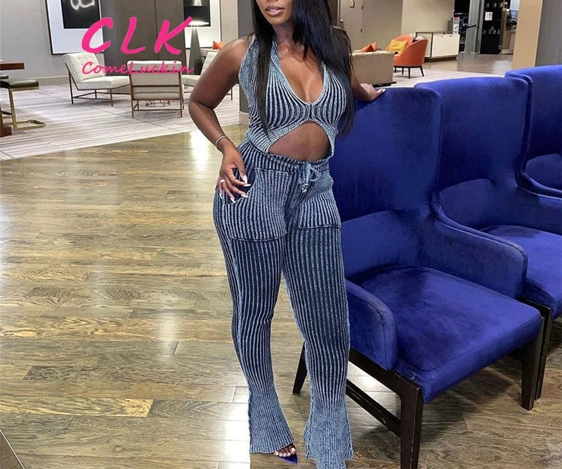 2024 Knit Sweater Set Deep V-neck Sexy 2 Piece Set Women Backless High Waist Bell Pants Set Comfortable Wide-Leg Pants
