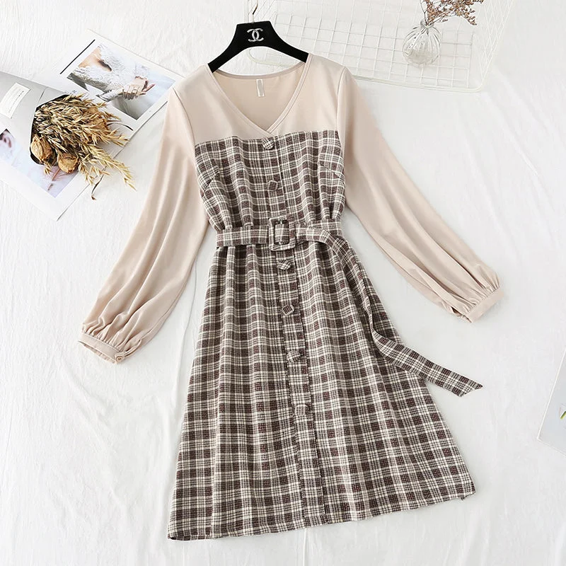 Vintage plaid skirt fairy super fairy series long sleeve waist  4041 chiffon skirt floaty