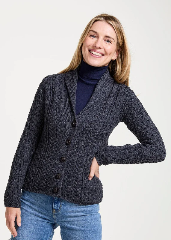 Shawl Collar Aran Cardigan | Charcoal Satin Fabric Silk Fabric Chiffon Fabric