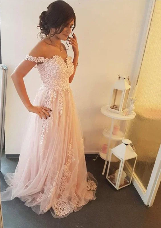 A-line Off Shoulder Sleeveless Sweep Train Wedding Party Dress, Lace Tunics Luxurious high-end