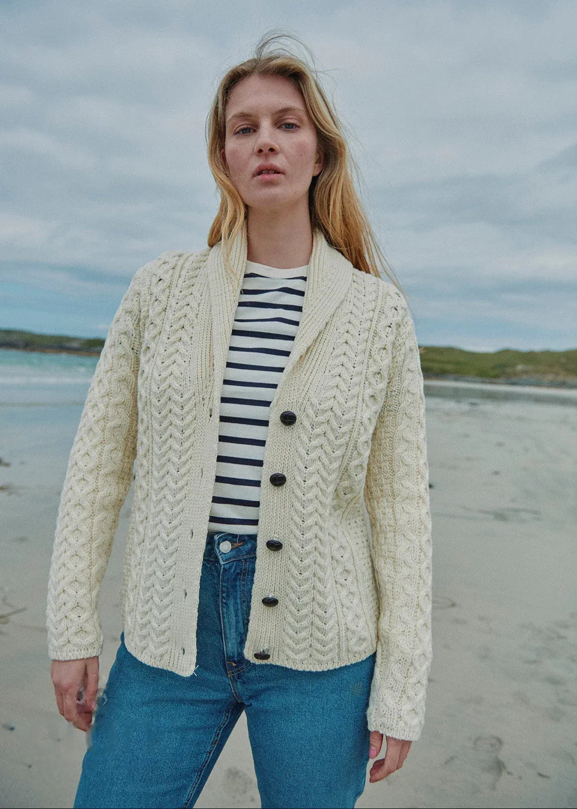 Shawl Collar Aran Cardigan | Natural Satin Fabric Silk Fabric Chiffon Fabric