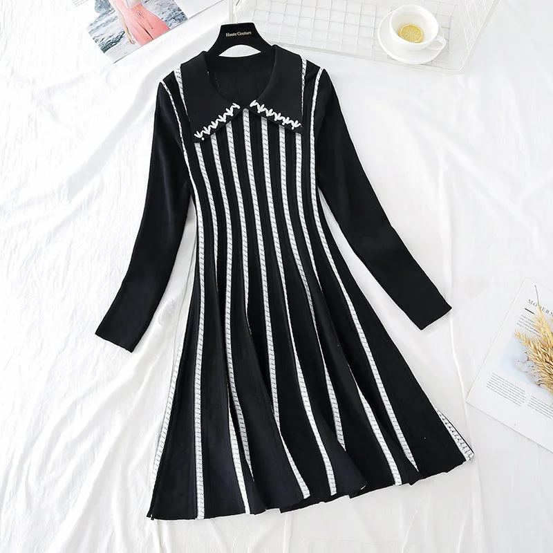 French Long Sleeve Striped fashion age reducing thin bottomed knitted skirt  3916 midi skirt versatile