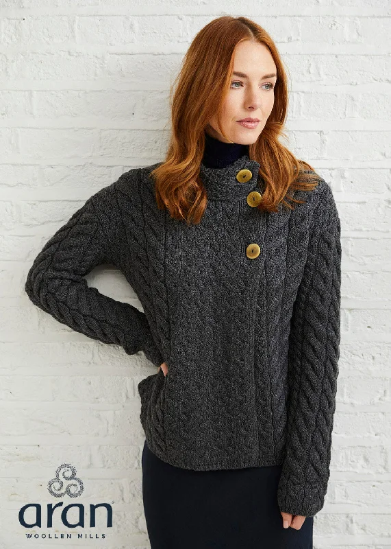 Aran 3 Buttons Trellis Cardigan | Charcoal Houndstooth Herringbone Solid