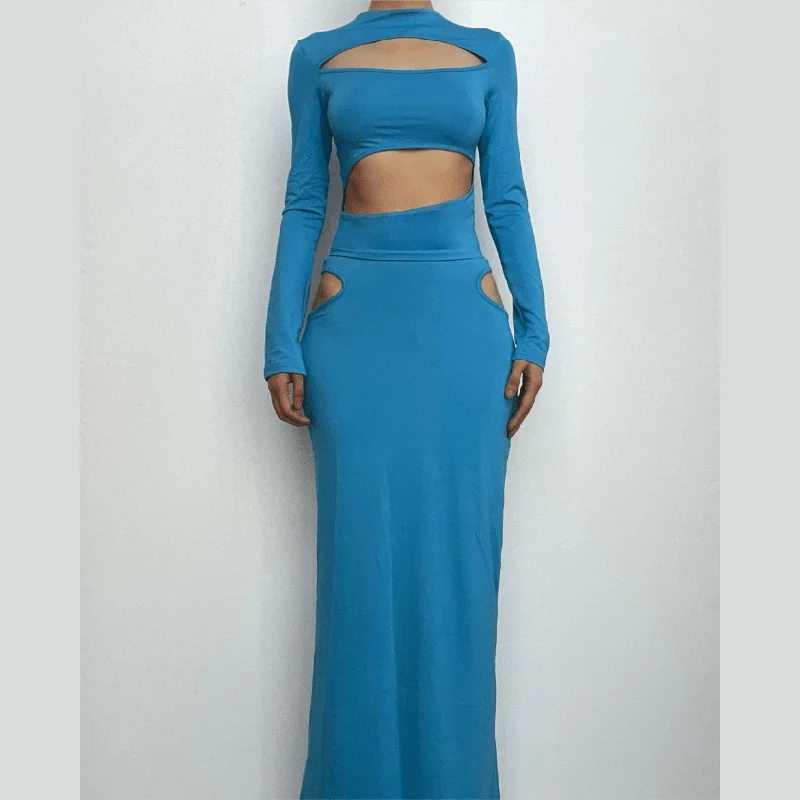 BerryBetty - Hollow out long sleeve crewneck solid maxi skirt set tulle skirt dreamy