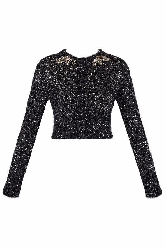 Embellished Cropped Cardigan - Black Mesh Fabric Canvas Fabric Denim Fabric