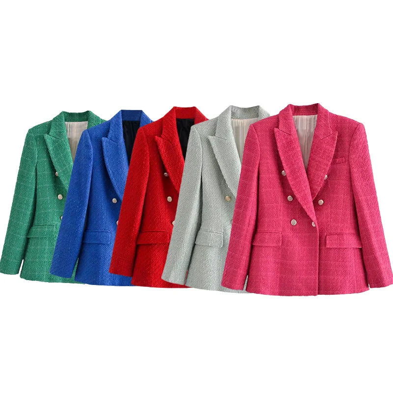 TRAF ZA&ree 2023 Woman Blazer Autumn Textured Double-Breasted Blazer Jacket Casual Long Sleeve Outerwear Suit Coat Jersey Jacket Tulle Jacket Batik Jacket