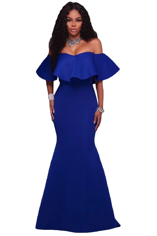 Sexy Royal Blue Ruffle Off Shoulder Ponti Maxi Party Dress Tunics Silk luxurious