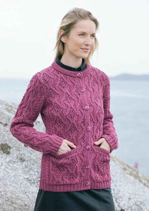 Aran Lace Style Lumber Cardigan | Magenta Cardigan Knitwear Sweater
