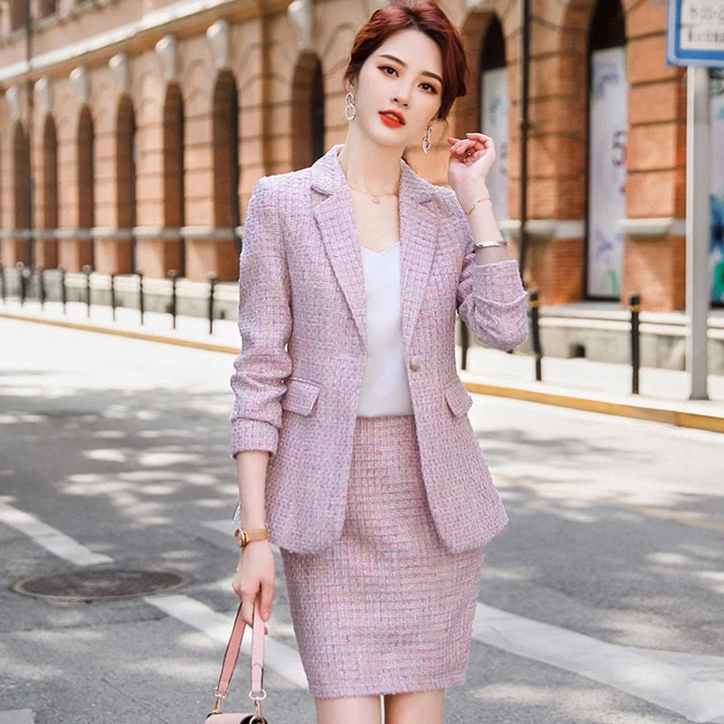 Temperament Women's Suit Pants Two-piece Professional Wear Autumn and Winter Plaid Ladies Jacket Casual Skirt Hoodie Zip-Up Jacket Button-Up Jacket