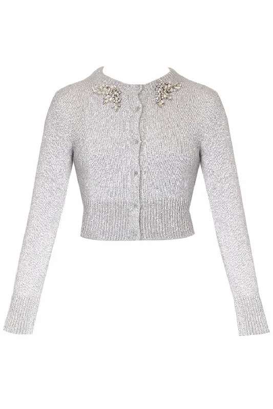 Embellished Cropped Cardigan - Silver Chenille Fabric Brocade Fabric Lace Fabric