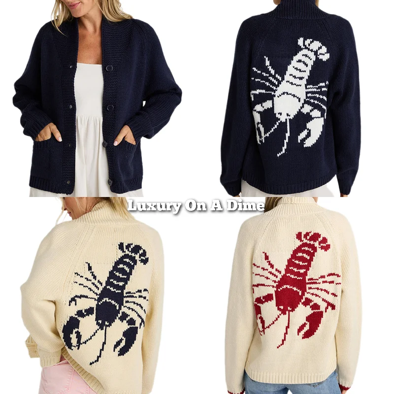 Contrasting Lobster Coastal Print Knit Cardigan Button Long Sleeve Patch Pocket Jersey Fabric Tulle Fabric Batik Fabric