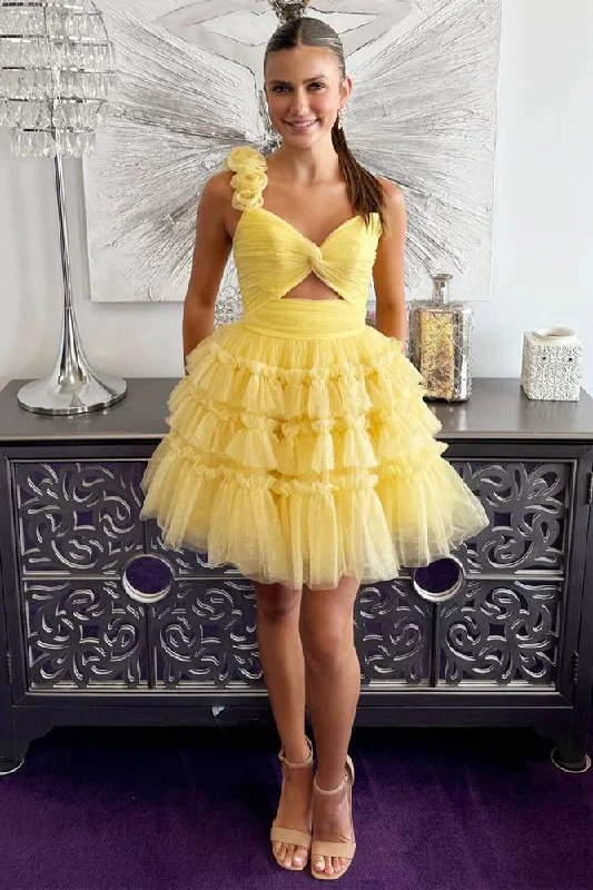 Devyn | Princess Yellow One Shoulder Knotted Ruffle Short Party Dress Tunics Fall fleece