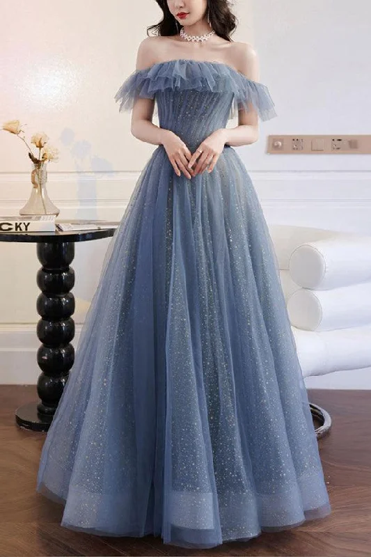 A-line Gray Blue Off The Shoulder Long Prom Dress Party Dress PSK268 Off-the-shoulder Chic Trendy