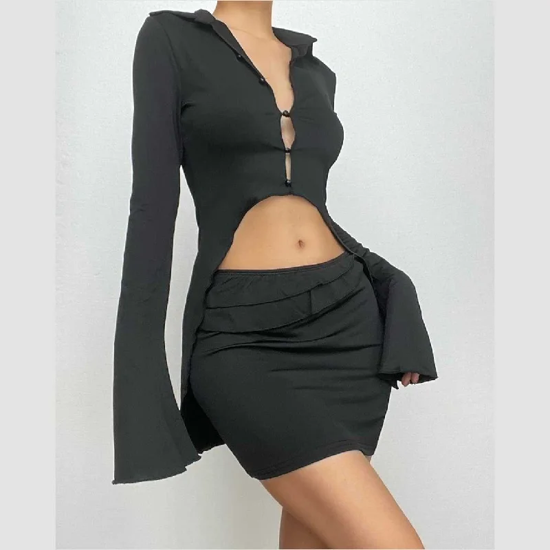BerryBetty - Turnover collar button flared sleeve ruffle mini skirt set lace skirt intricate