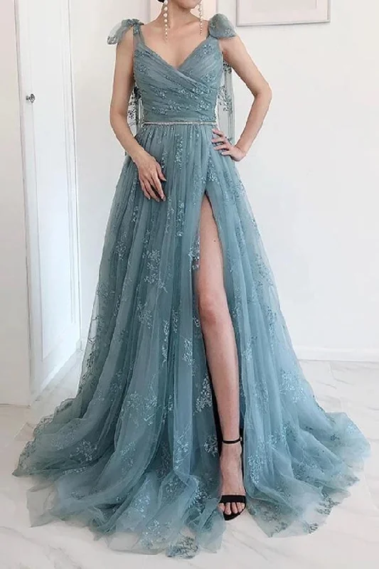 A-line Bow Tie Straps Party Dress Lace High Split Prom Dress PSK202 Tunics Chinos classic