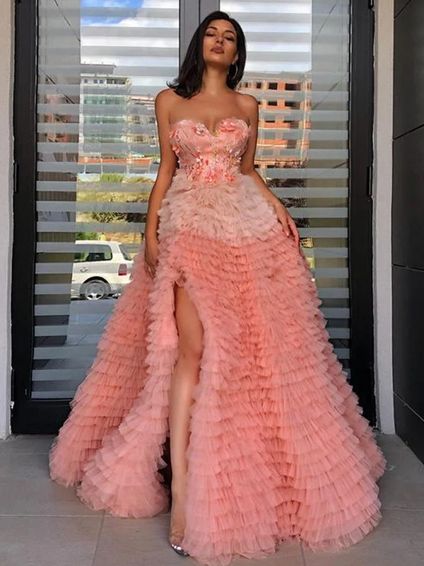 Simple Straight Tulle Side Slit Party Dresses Evening Prom Dresses,DPB187 High-Low Hemline Casual